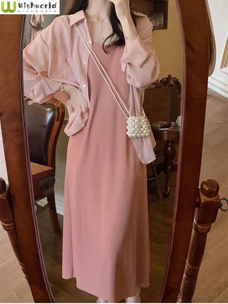 Double Shoulder Strap Design Suspender Skirt Outer Tower Sun Protection Shirt Two-piece Set Versatile and Elegant Long Skirt