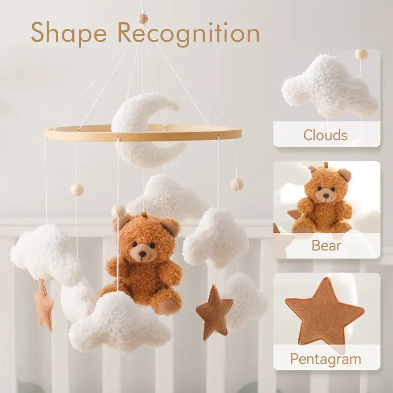 Wooden Crib Mobile Baby Bed Bell Rattle Toy Soft Felt Cartoon Bear Mobile bracket Newborn Music Box Bed Bell Hanging Bracket Toy - Image 4