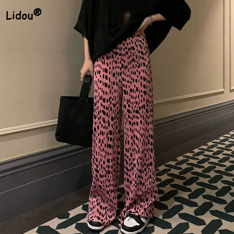 Loose Fashion Leopard Printing Folds Floor Length Pants Summer Casual Thin Elastic Waist Wide Leg Trousers Women's Clothing