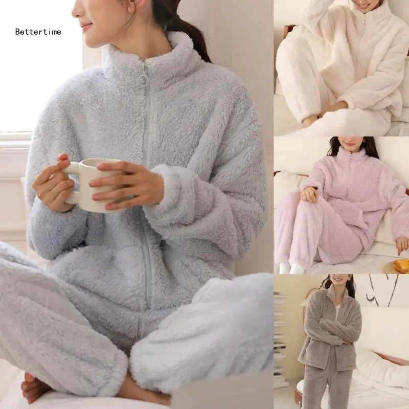

B36D Womens Pyjamas Sets Warm Fleece Loungewear Ladies Pajamas Set Long Sleeve Winter Warm Furry Fleece Pajamas