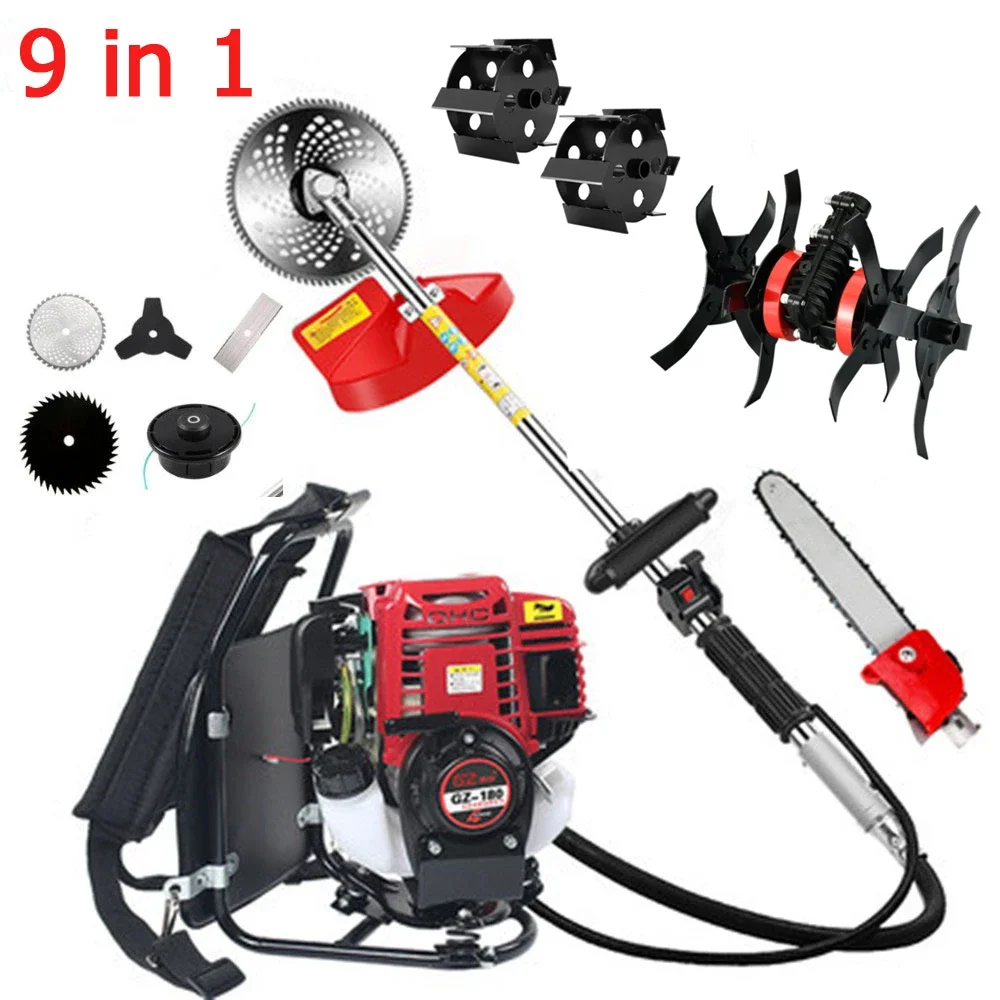 

Gas Brush Cutter 9 in1 with GX35 4 Stroke Petrol Engine 0.85KW Backpack Grass Trimmer Pole Chainsaw with Garden Tiller