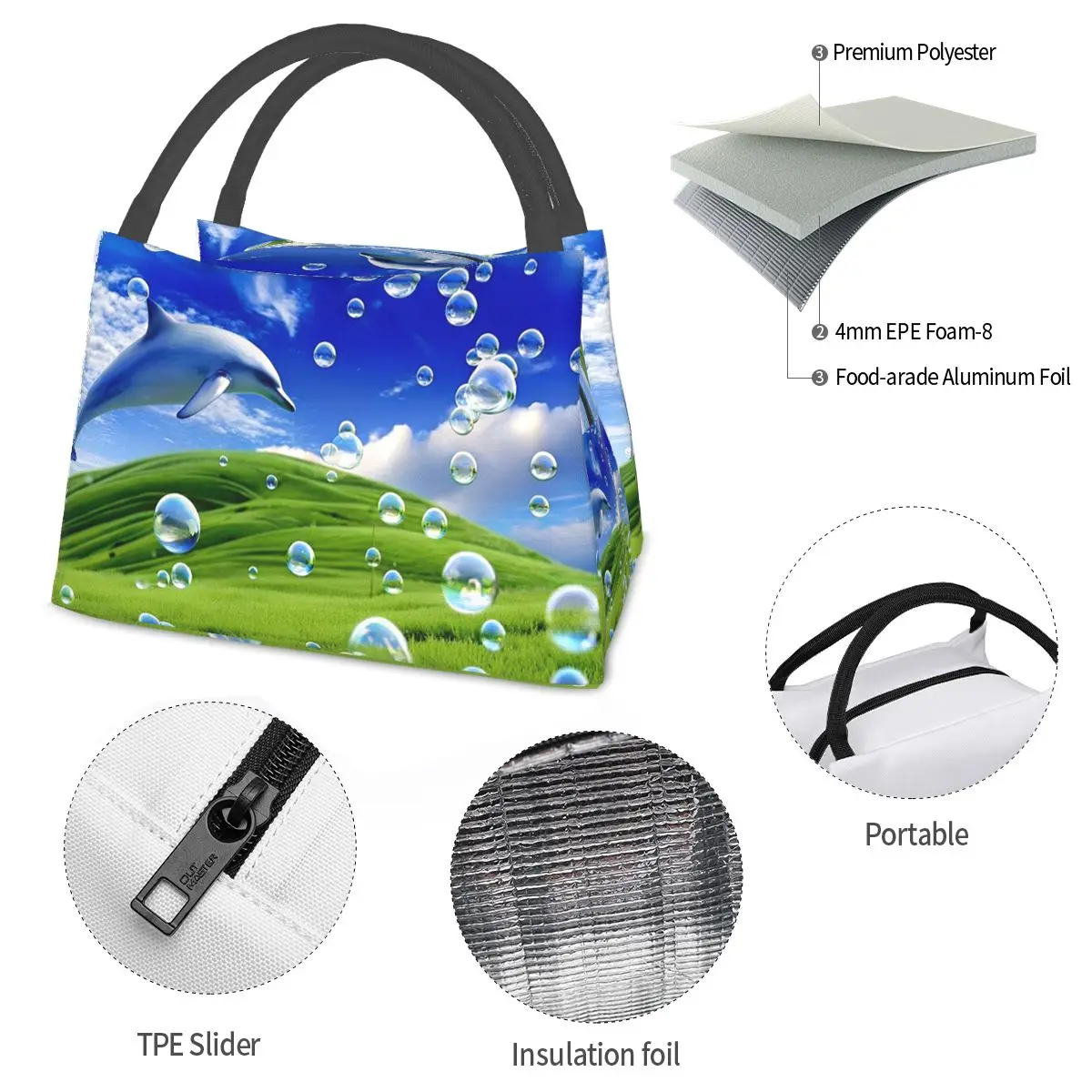 Frutiger Aero Dolphin Aesthetic Meadow With Bubbles And Mountains And Sky 도시락 가방 컨테이너 쿨러 보온 도시락 가방 토트백