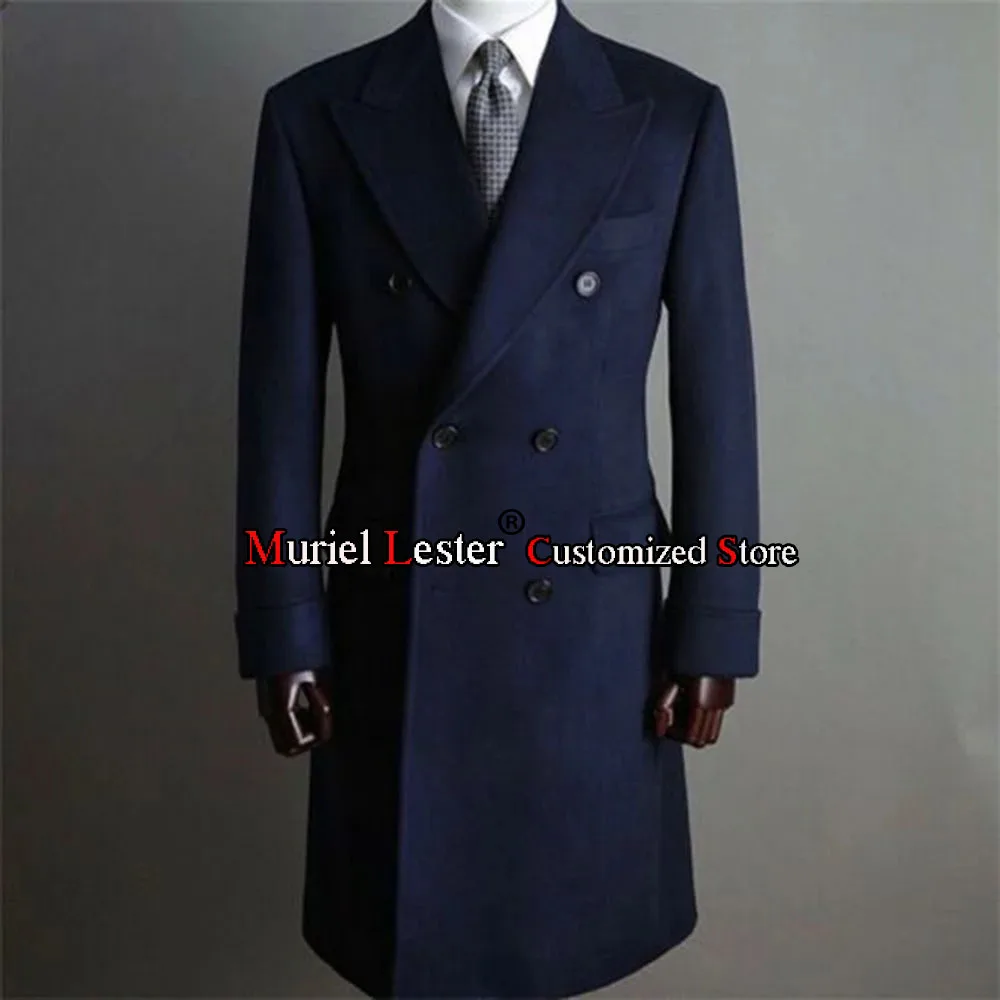 

Navy Blue Suit Jackets Men Tweed Wollen Blend Trench Coat Long Double Breasted Manteau Homme Custom Made Overcoat Male Blazers