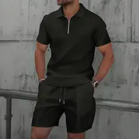 Ensemble deux pièces pour hommes, nouveau style été, gaufré, couleur unie, avec fermeture éclair, col à revers, manches courtes et short, pour l'Europe et les États-Unis 4