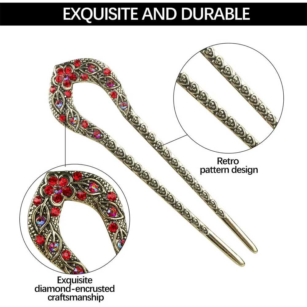 Vintage U Shaped Hair Sticks Crystal Chignon Double Prong Hair Pins Headdress Metal Bronze Hairstyle Accessory Hair Chopsticks