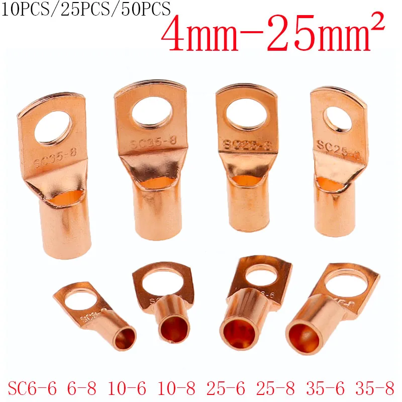 10/25/50Pcs SC Type Wire Nose Terminal SC6 SC10 SC16 SC25 AC35 Bare Copper  Block Lugs Hole 6mm 8mm 10mm Crimp Cable Connector