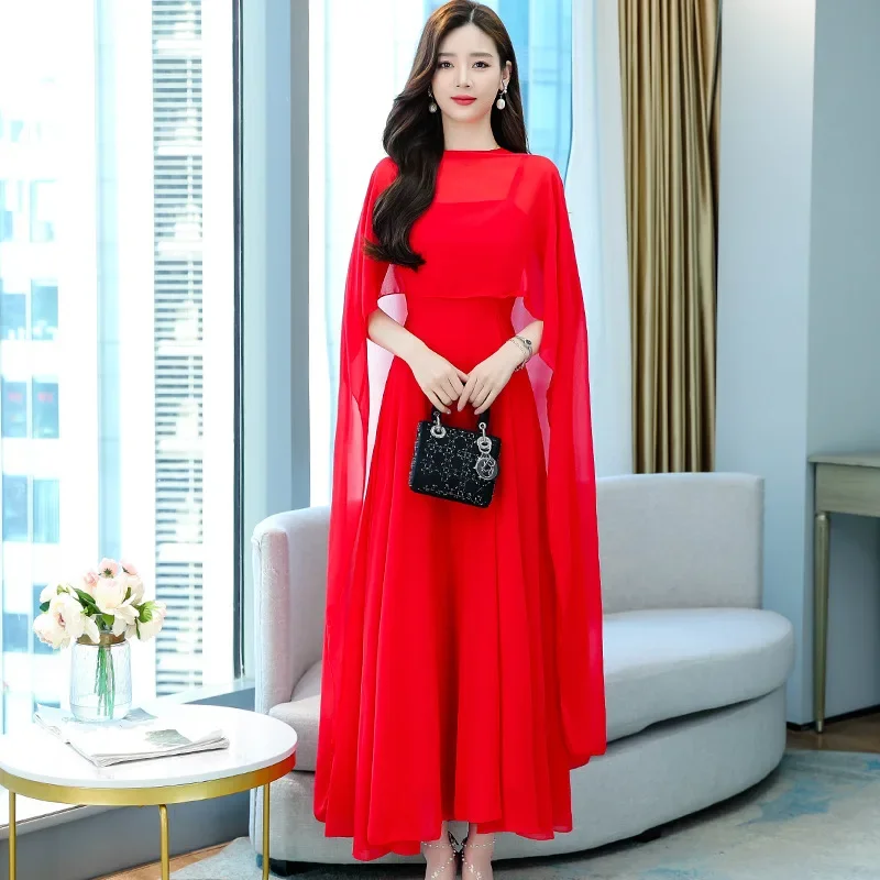 Muslim dress for women 2023 White Chffon Casual  Red Cloak+Sexy Sling  Two Pice Sets Summer Elegant Solid Party Dress