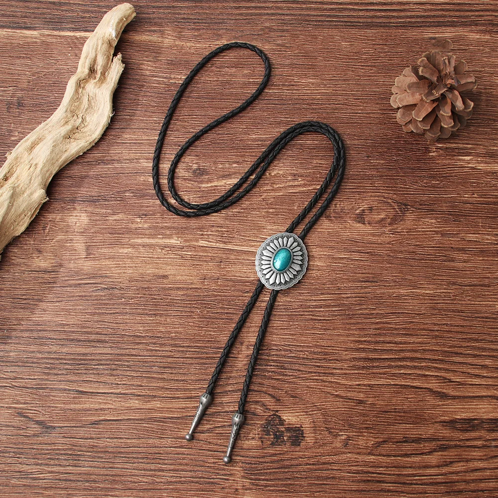 Bolo Tie Adjustable Vintage Sweater Chain Leather High-end Metal Petal Oil Painting Personalized Pendants Necklace Jewelry 3
