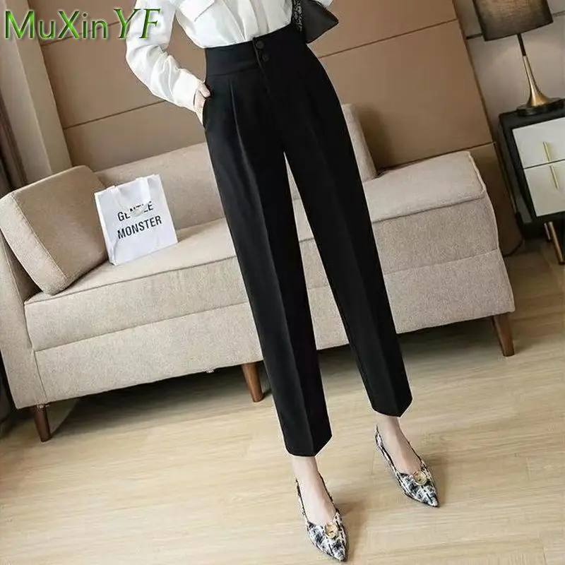 Spring Summer Autumn Women's High Waist Suit Pant Korean Office Lady Graceful Joker Work Tailored Trousers Ankle-Length Pants oversize 34 baggy jeans women high waist wide leg pants washed high street vaqueros ankle length office lady denim trousers