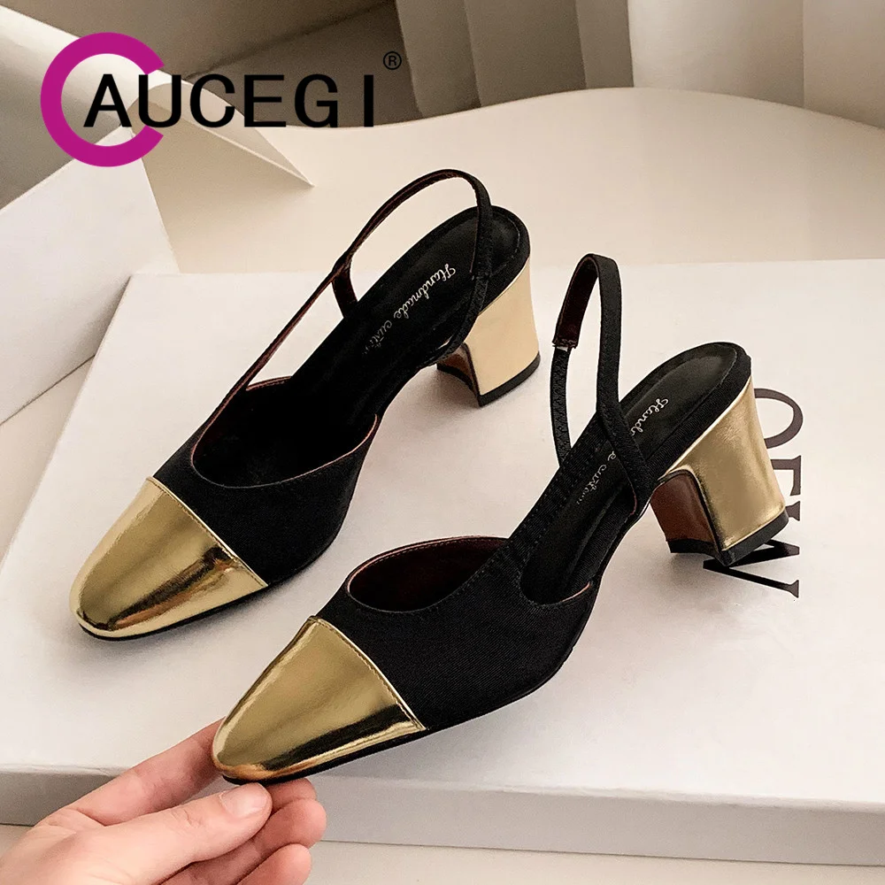 

Aucegi Comfortable Chunky Heels Slingback Pumps Apricot Black Round Toe Slip On Summer Women's Newest Luxury Party Dress Shoes