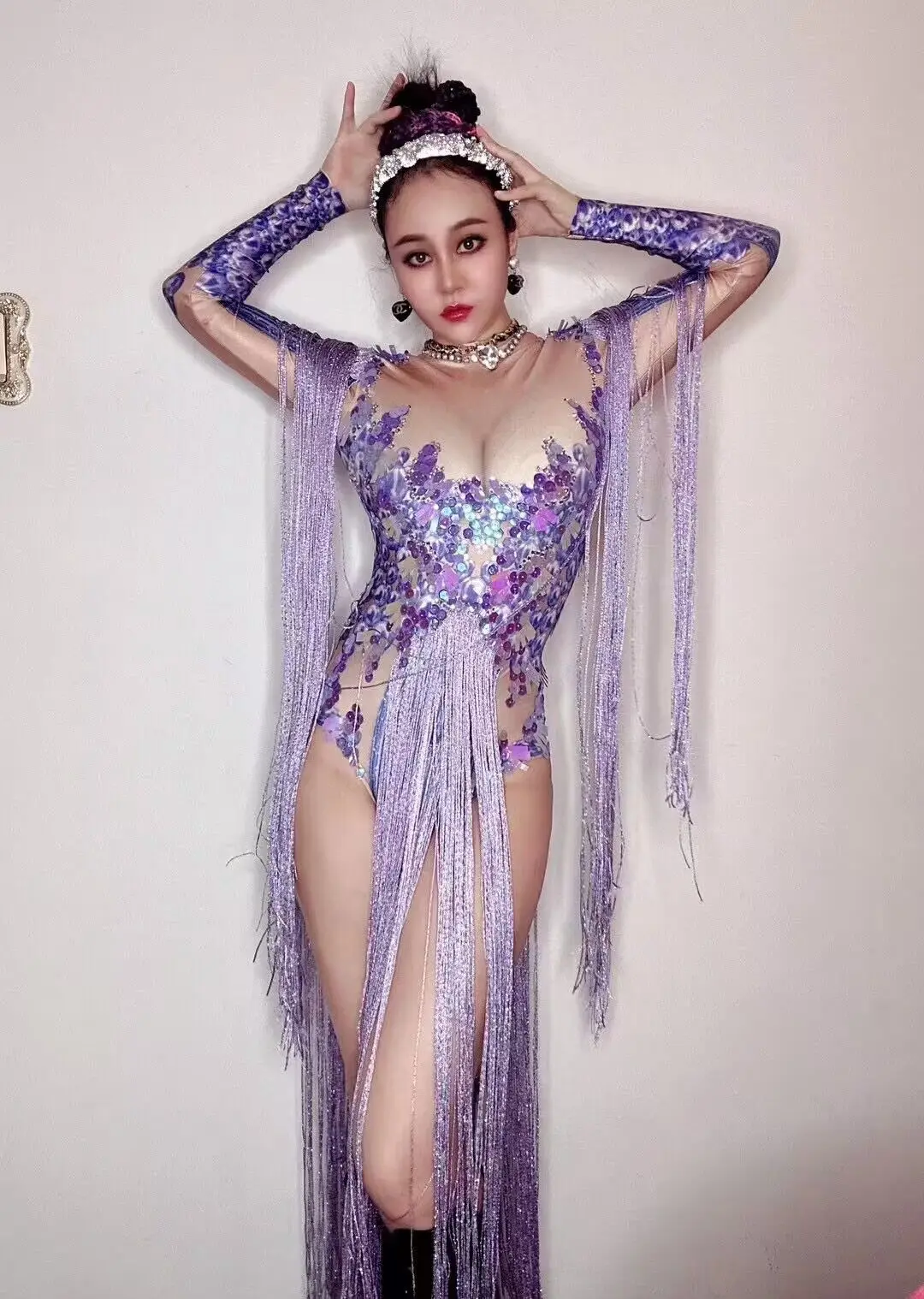 

Rhinestone Purple Fringe Bodysuit Gogo Dancer Performance Clothing Halloween Christmas Party Outfits Birthday Dress