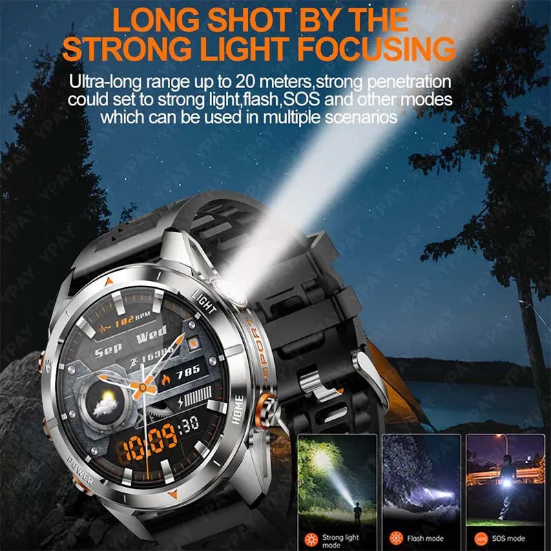 2025 New Outdoor military Men Smart Watch Bluetooth Call 1.46" AMOLED 515mAh Battery LED Flashlight IP69K 10ATM Waterproof Watch 2