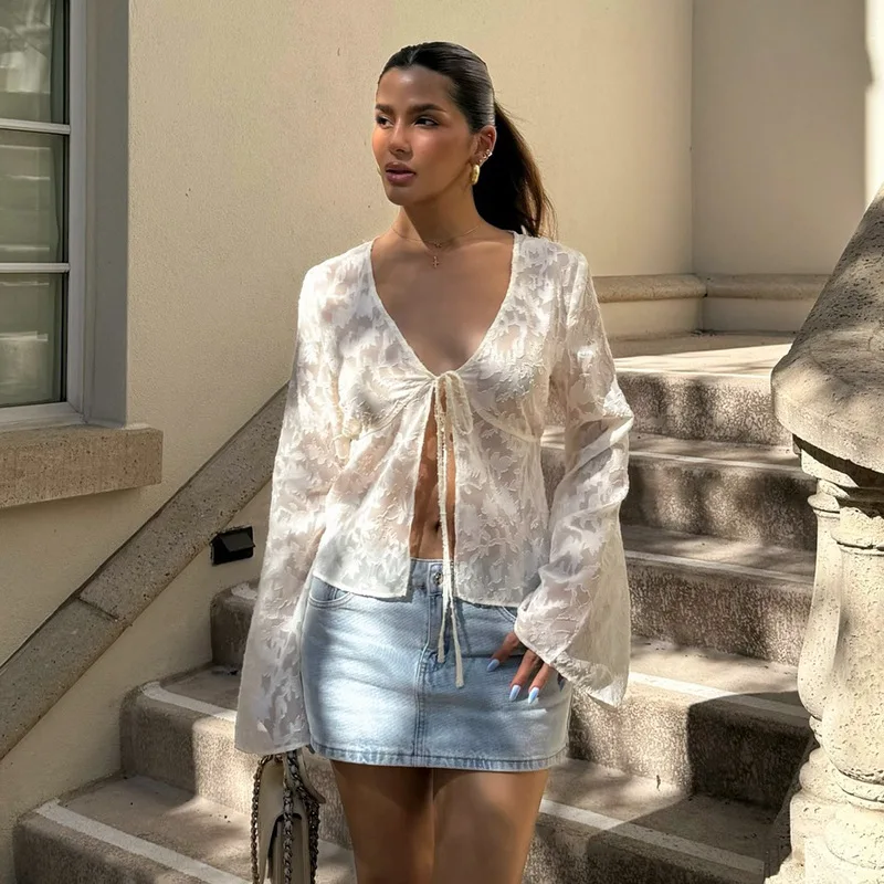 Lace Printed See-Through T-shirt Cardigan Top Female Lace-Up Patchwork Sexy Cropped Y2k Top Tee Women's Bandage Top