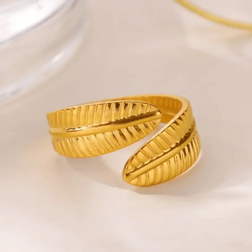 Gold Textured Leaf Ring Stainless Steel