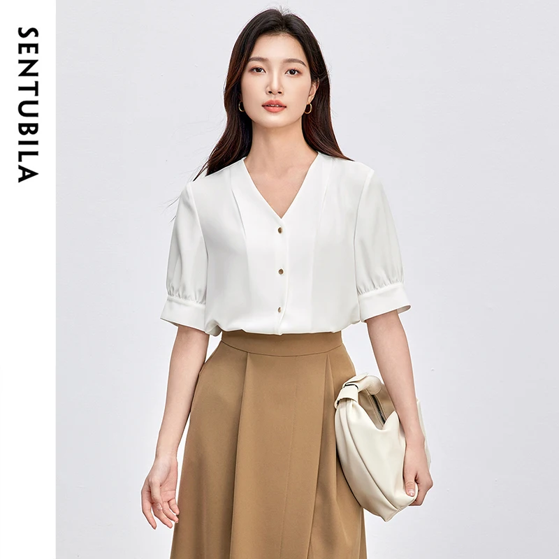 SENTUBILA Princess Sleeve Chiffon Women's Shirt 2025 Summer V Neck Spliced Button Twill Comfort Top Woman Clothing 152V87867
