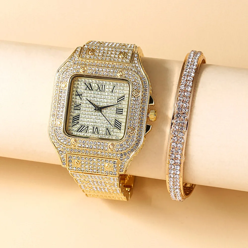 цена Iced Out Watch + Bangle for Women Bracelet Iced Out Watch for Women Simple Luxury Gold Watch Set Jewelry Set Relojes Para Mujer