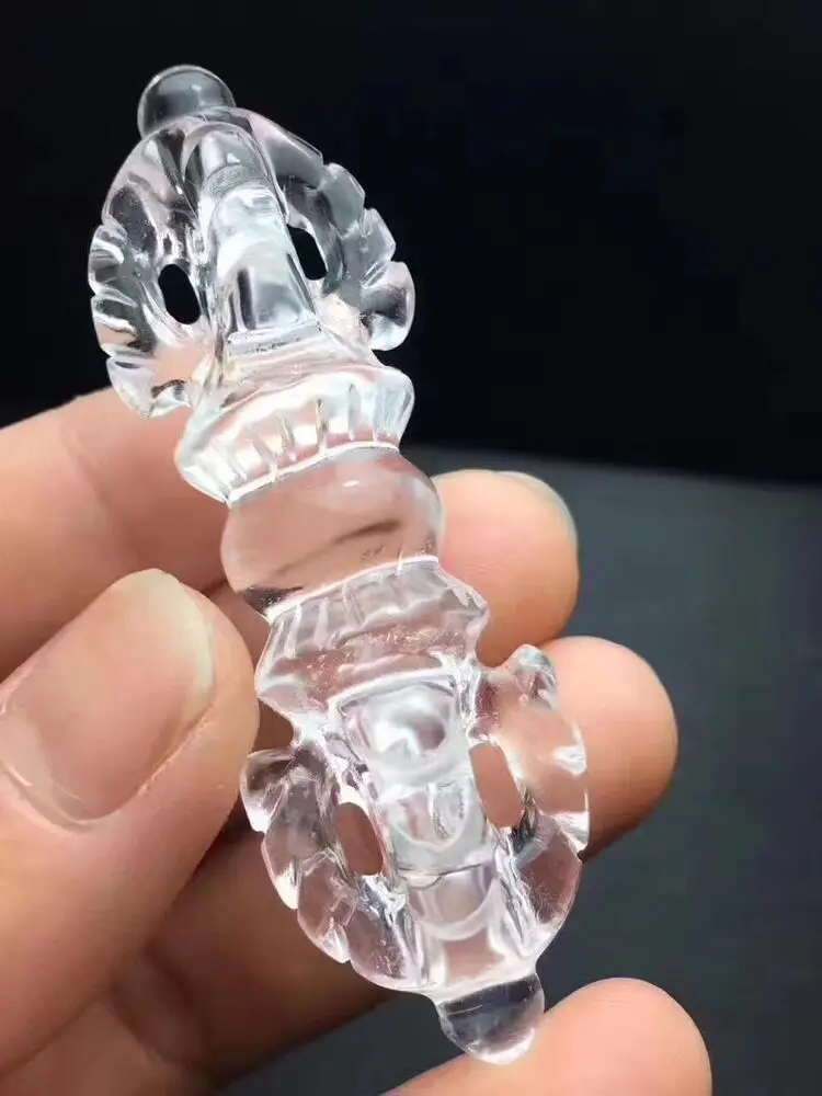 Natural Clear Crystal Quartz Rock Stone Carved Vajra Dorje Phurpa Dagger Pendant 2