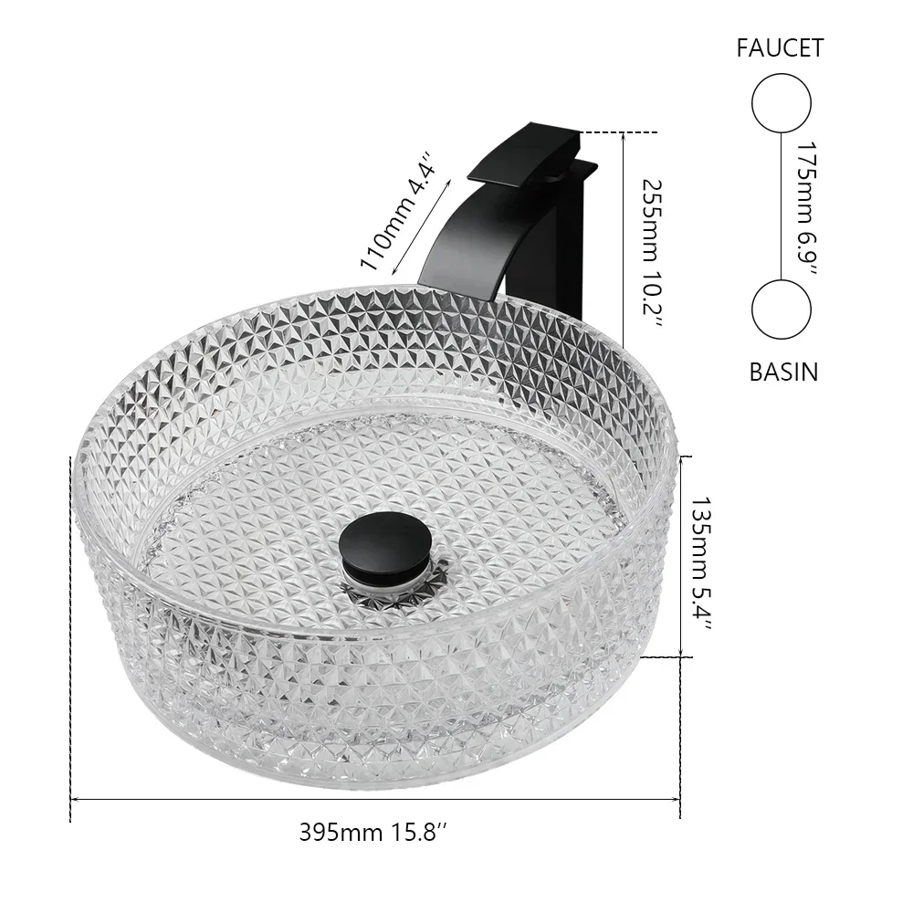 Transparent Thick Glass Basin Set Diamond Shaped Texture Bathroom Sink W/ Matte Black Faucet And Pop-up Drainage Mixer Tap 2