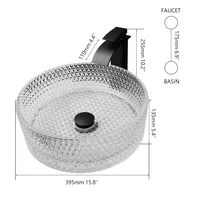 Transparent Thick Glass Basin Set Diamond Shaped Texture Bathroom Sink W/ Matte Black Faucet And Pop-up Drainage Mixer Tap 2