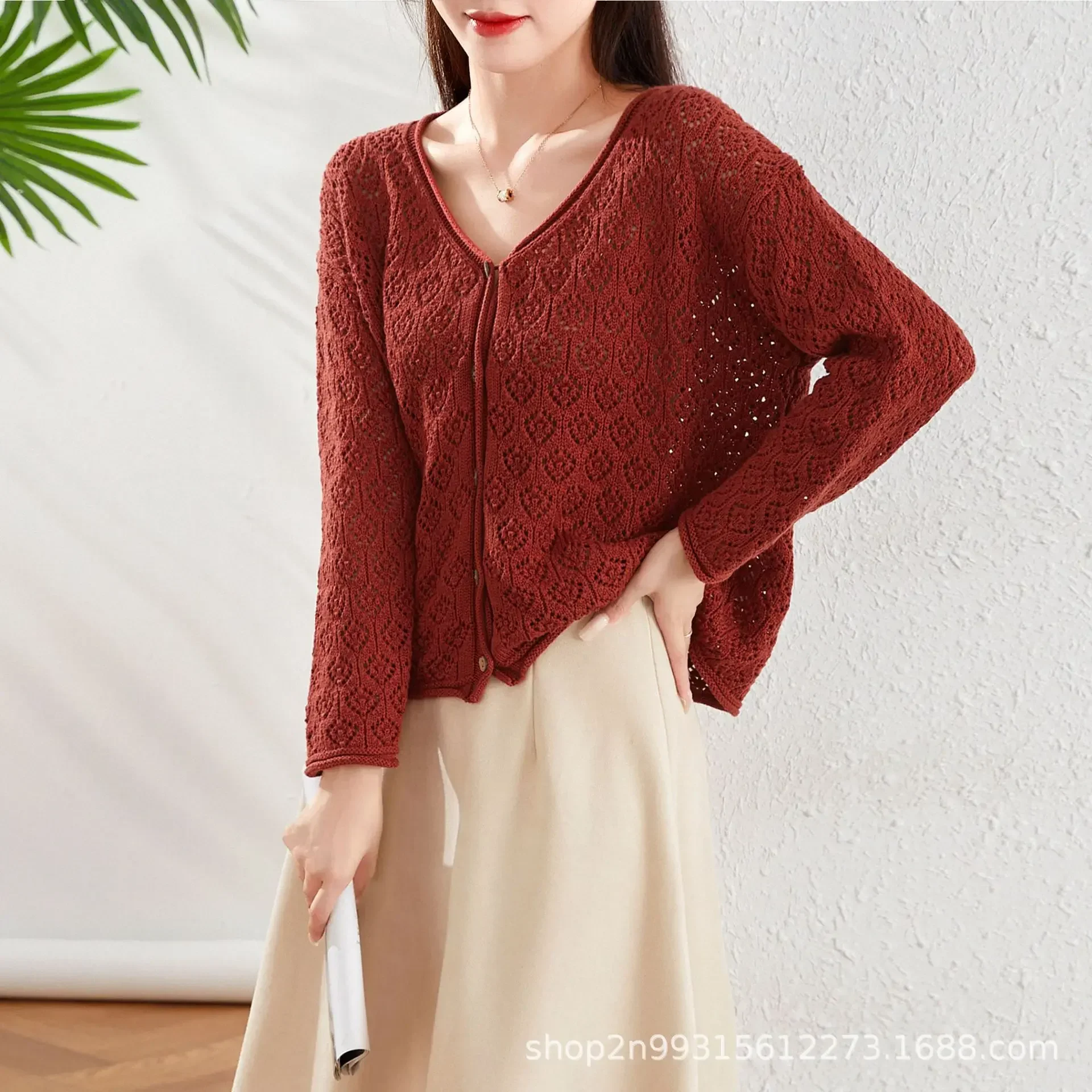 

2023 Autumn and Winter Women Hollow Cotton Knit Thick Cardigan Solid Color Loose Casual Jacket V-neck Thread
