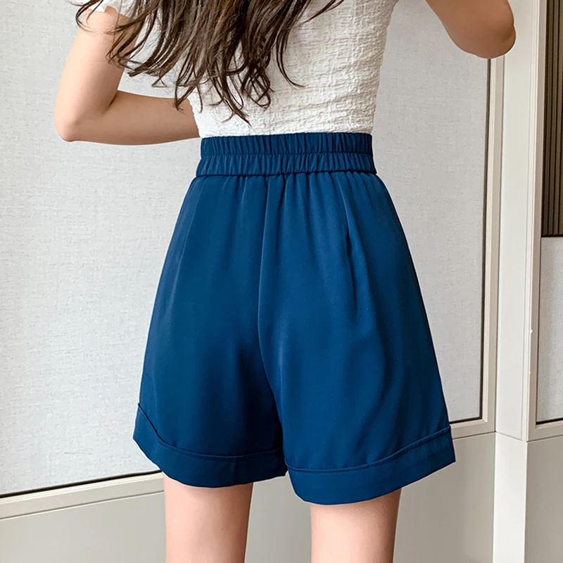 New 2022 Summer Shorts Women Black Green Blue Fashion Streetwear Elastic High Waist Bermuda Femme Loose Wide Leg Suits Shorts