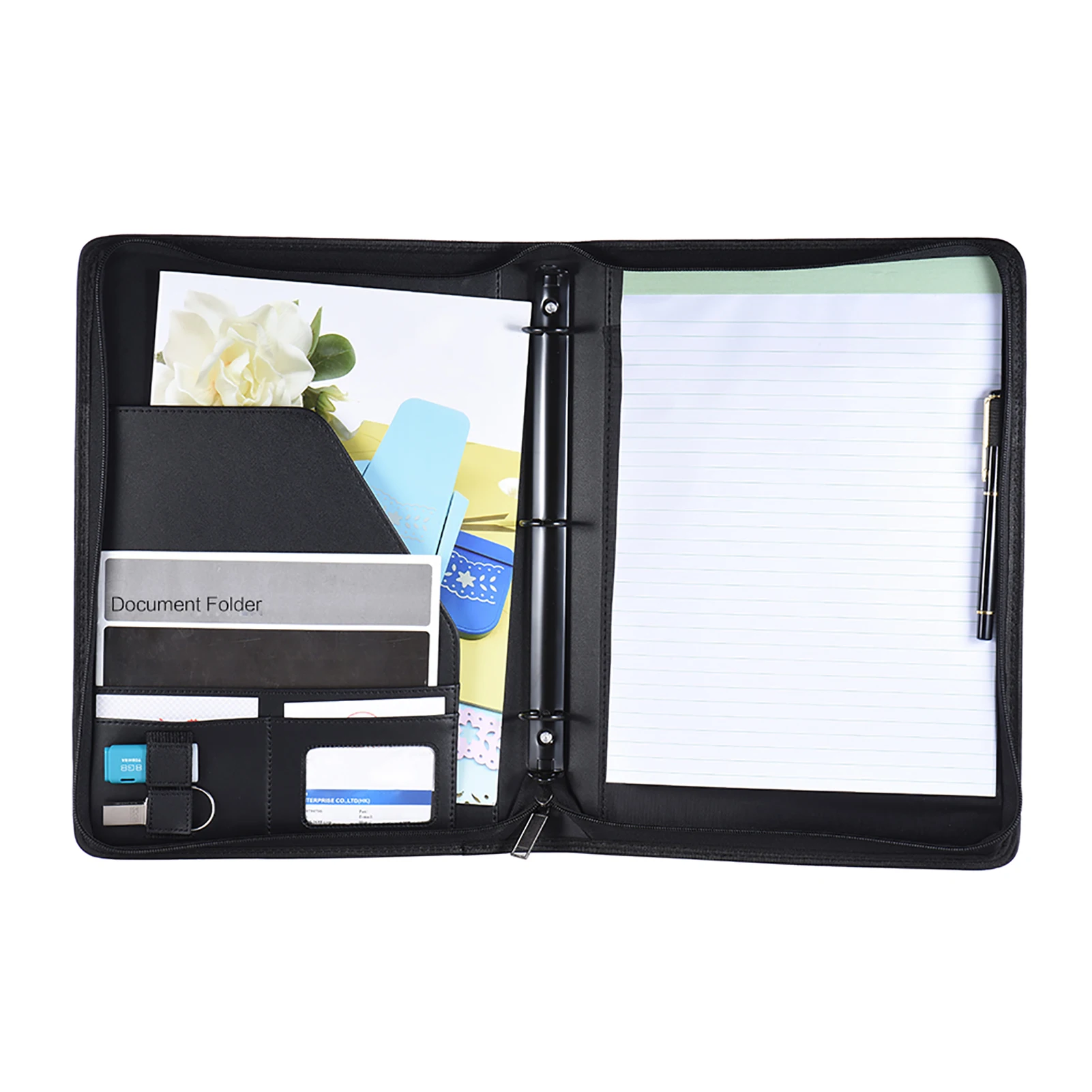 Multifunctional A4 Document Case PU Leather Zippered Loose-leaf Loop Business Card Holder Memo Note Pad