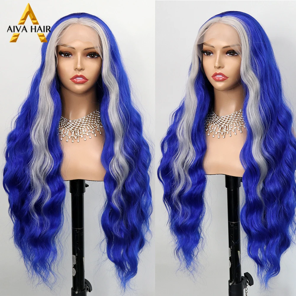 

180% Navy Blue Color Synthetic Body Wave 13X4 Lace Front High Temperature Fiber Drag Queen Wigs For Women Cosplay Pre Plucked