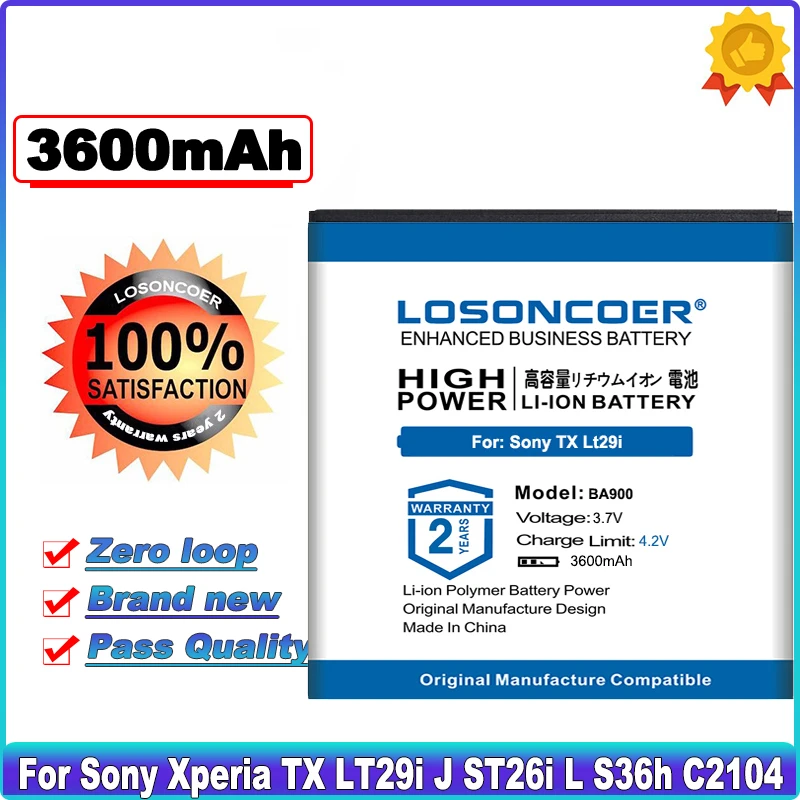 

LOSONCOER 3600mAh BA900 for Sony Ericsson Xperia TX LT29i Battery J ST26i L S36h C2105 E1 J L M C2104 C1904 C1905 SO-04D AB-0500