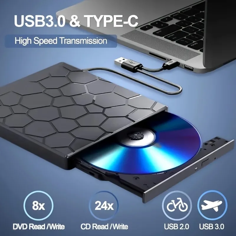 Ultra-Slim 8-in-1 Laptop External USB 3.0 External CD/DVD Drive Player and Burner