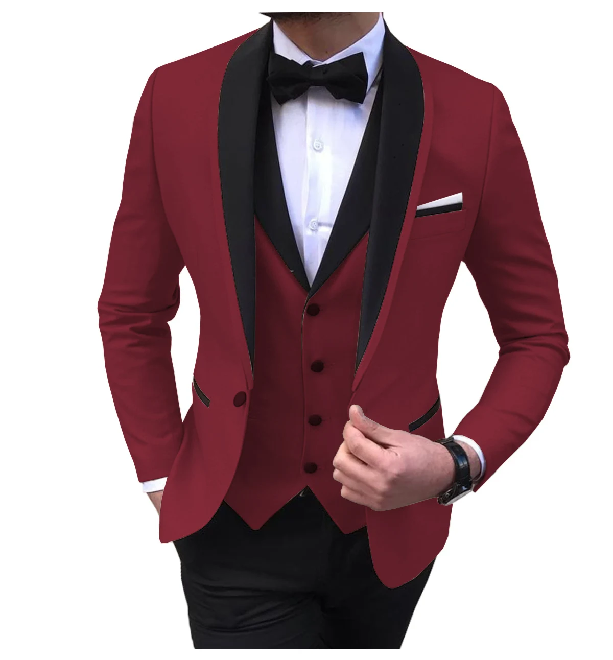 Blue Slit Men Suit 3 Piece Black Shawl Lapel Casual Tuxedos For Wedding Groomsmen Suits Men 2023 (Blazer+Vest+Pant)