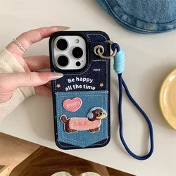 Korean Cute Cat Card Slot Phone Case with Hand Strap and Fashion Denim Cloth Design - iPhone 15 Pro Max (CR547 - 1)