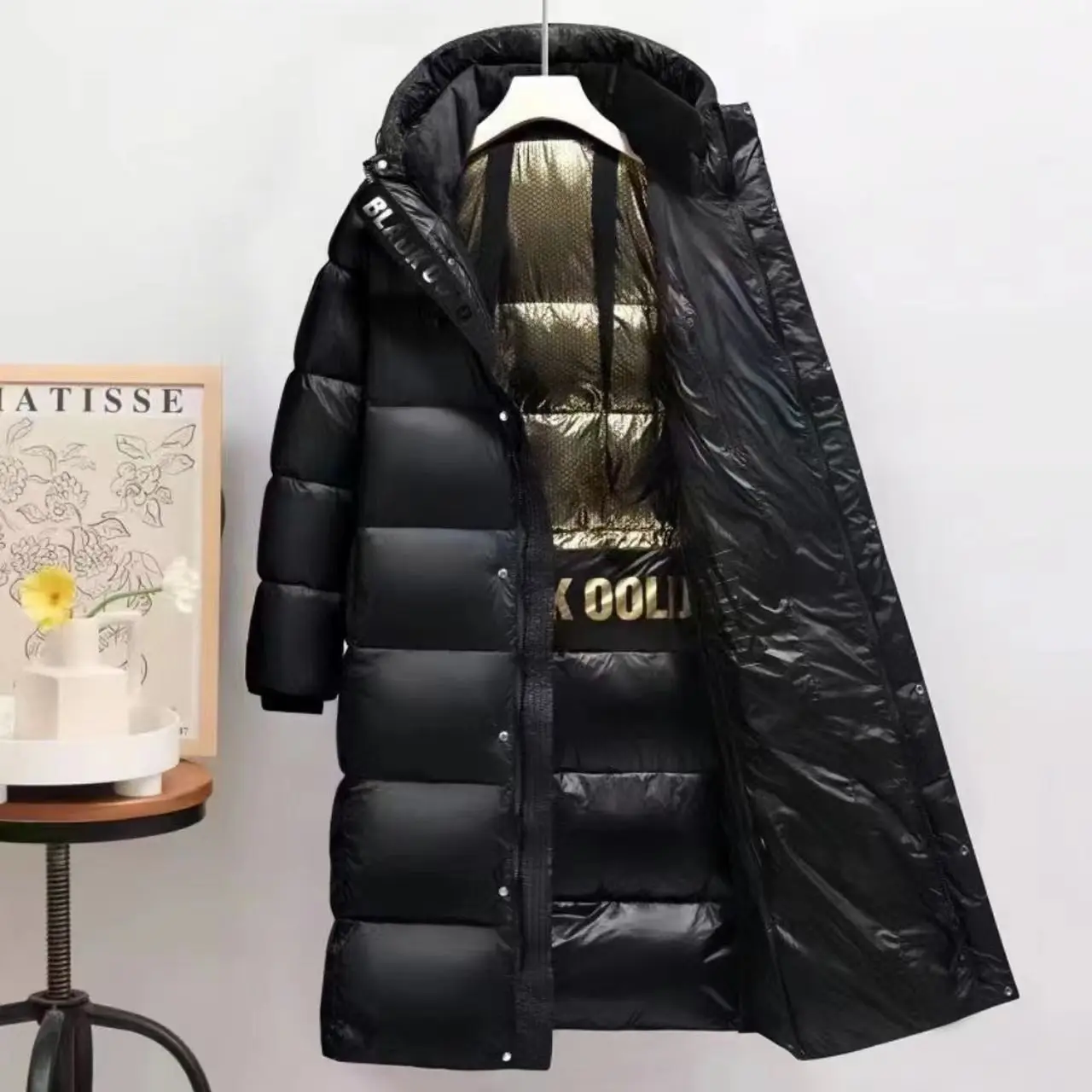 Black and Gold Eight Grid Down Jacket, Long Couple Hooded Thickened White Duck Down Jacket, New Women's Winter Style