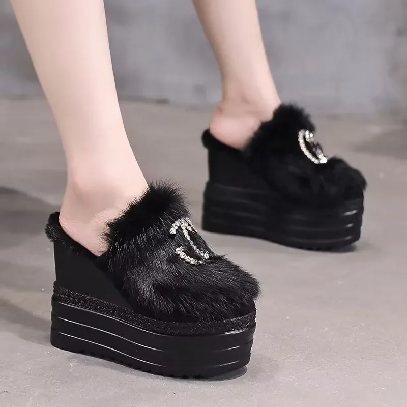 Inside Increase Thick Bottom Muffin Fluffy Half Slippers Female Autumn Winter Outside Wear Wedge High Heel Slippers 13cm Zapatos