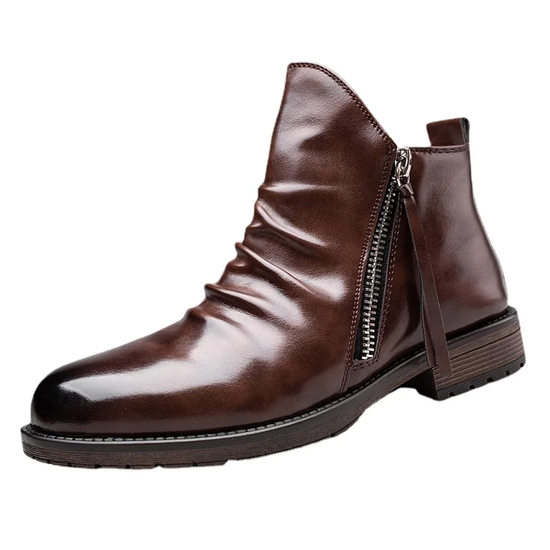 

Retro Double Zipper Men's Boots Fashion Soft Leather Chelsea Riding Boots Spring Autumn Breathable Men Shoes Botines Hombre