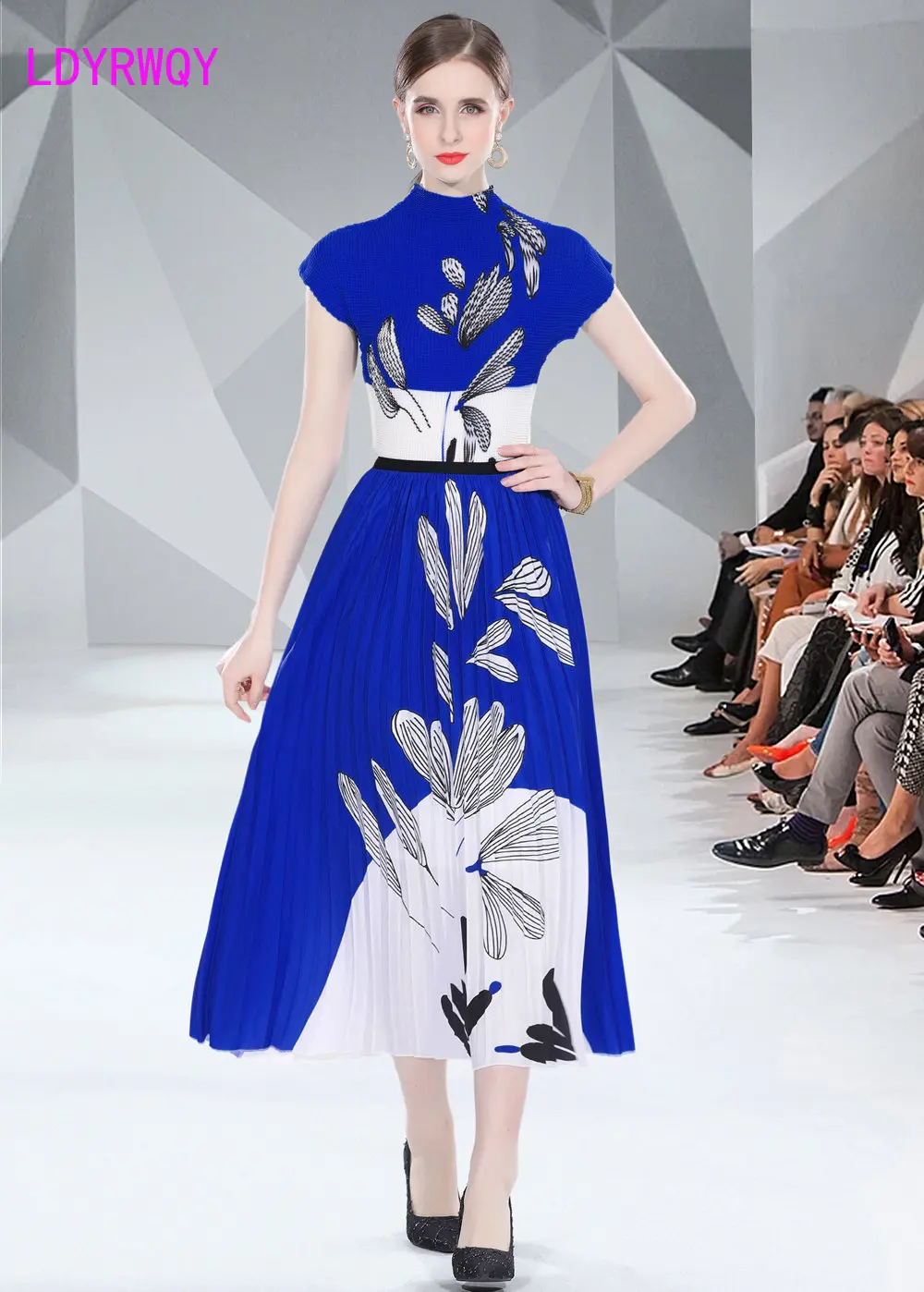 

Pleated fashion slim shirt+printed pleated skirt two-piece suit