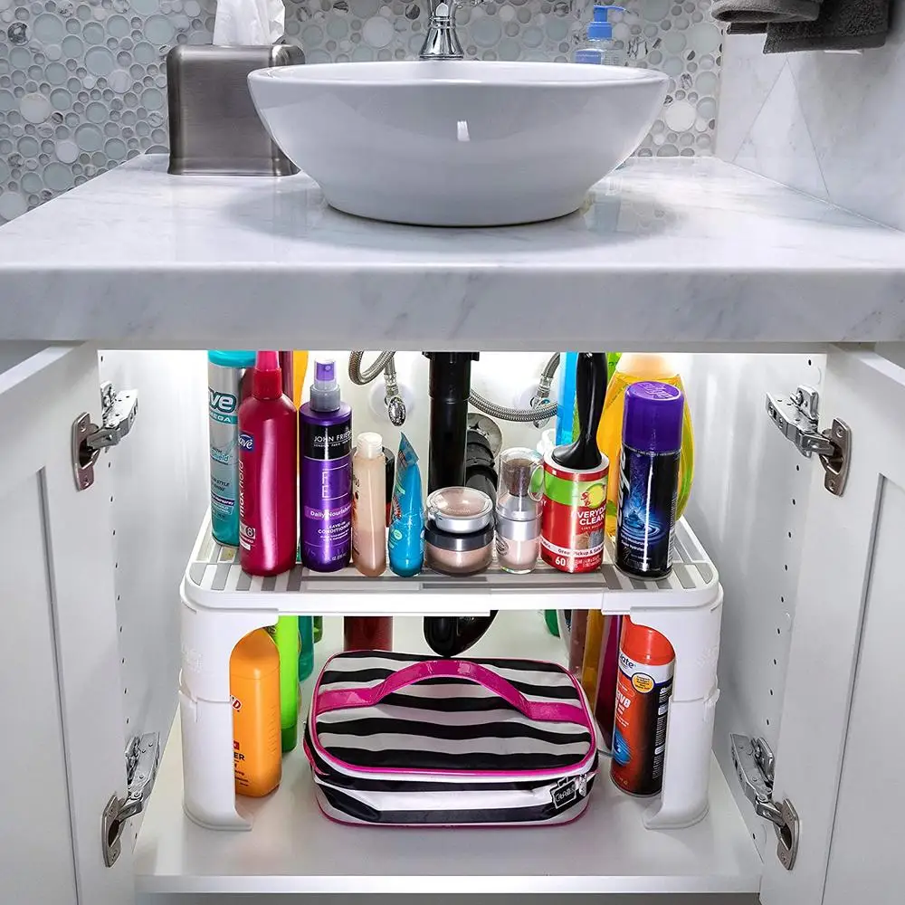 Adjustable Under Sink Organizer Shelf Non-Slip Surface Bathroom Kitchen Cleaning Supplies Organize Expandable Versatile Savvy