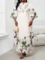 Elegant Floral Maxi Dress for Women, Plus Size V-Neck Bell Sleeve Summer Dress for Wedding Guest or Office - Image 4