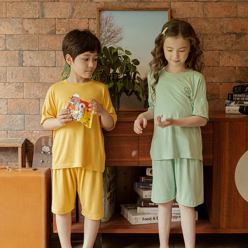 

Children's Modal Pajamas Middle School Children's Boys' Girls' Thin Korean Cartoon O-neck Pajamas Set Home Clothes Pajamas