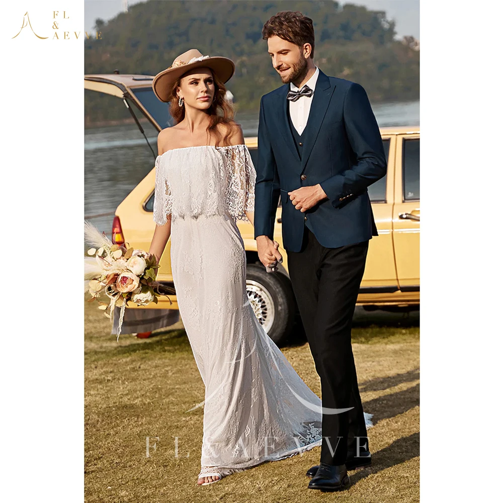 

Ivory Mermaid Off The Shoulder Lace Boho Wedding Dress With Sweep Train BoHo Lace Bridal Dress for Women vestidos de novia