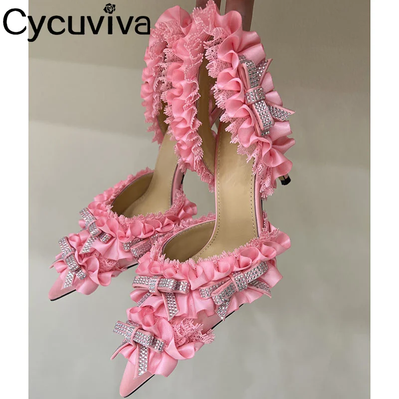 

Pink Lace Bow Knot High Heels Sandals Women Shinny Rhinestone Slingback Pointy Party Crystal Shoes Designer Bride Heels Woman