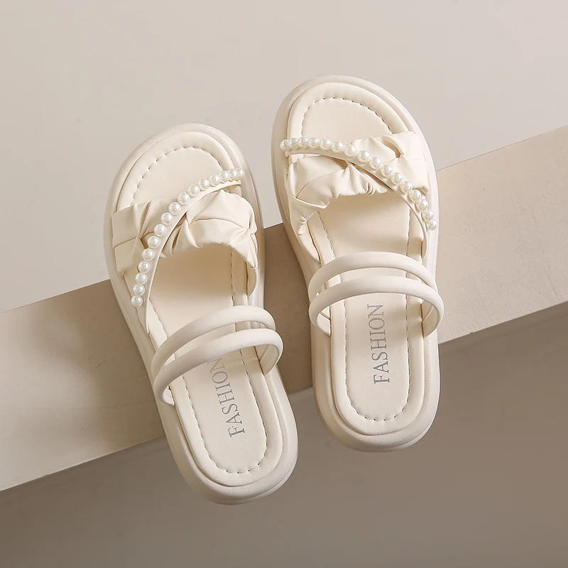 Aphixta 4.5cm String Bead Sweet Sandals Slip On Women Shoes Two Way Wear Casual Summer Zapatos Mujer Wedges Woman Sandal Size 41