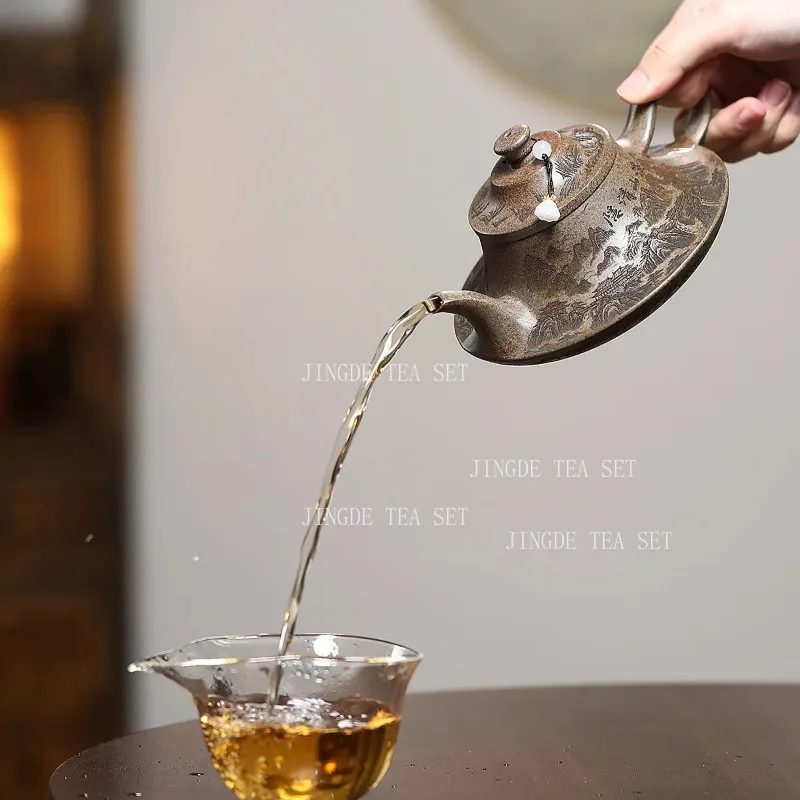 320ml Yixing Purple Clay Cloud Teapot Large Capacity Dragon Kiln Wood Burning Engraved Teapot Household Chinese Teapot