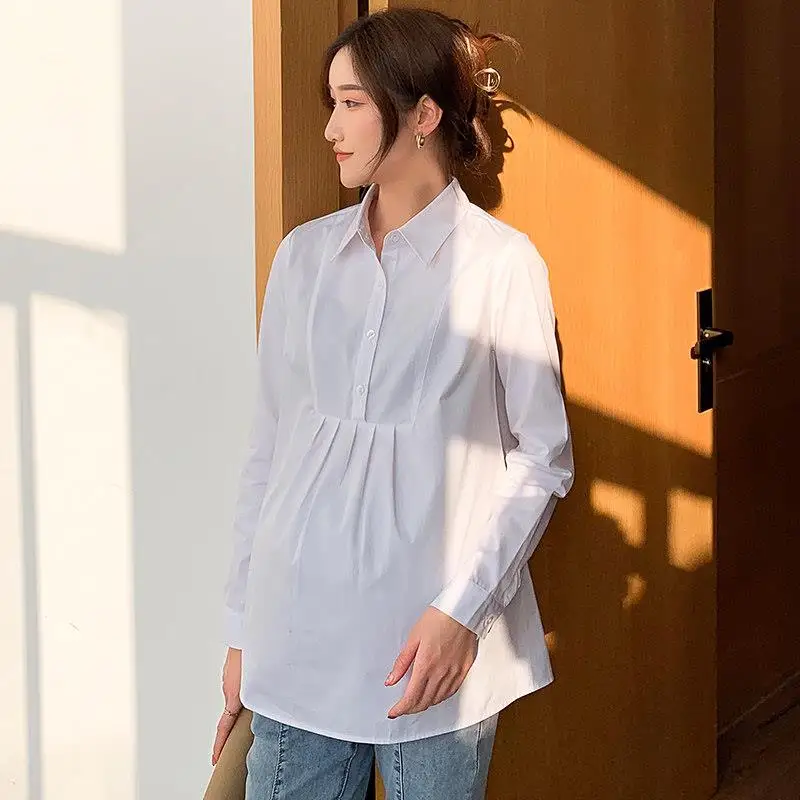 출산 작업복 셔츠 반팔 턴다운 칼라 통근 슬리밍 탑 여름 한국 패션 전문가용 대형 사이즈