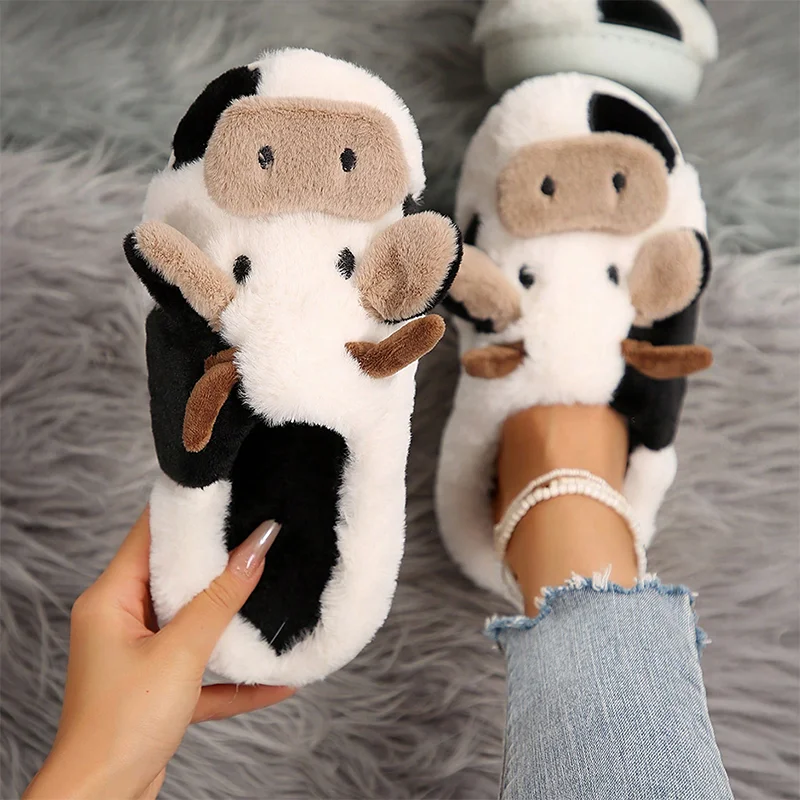 Ladies' Winter Slippers Cute Cartoon Heart Animal Cow Fur Warm Cotton Anti-Slip Home Comfortable Girls' Footwear female slippers
