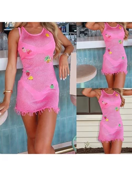 Women s Sleeveless Knitted Dress with Round Neckline and Colorful Fruit Patchwork Design Perfect for Summer Beachwear 3