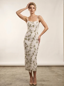 Sexy Spaghetti Strap V Neck Flower Long Dress Women White Green Floral Sleeveless Bodycon Dresses Party Evening Celebrity Gowns 1