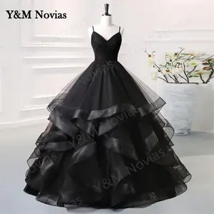 Черные платья для девушек Y & M Novias Quinceanera с оборками милое платье принцессы на бретелях 15 девушек Vestidos De Quinseanera