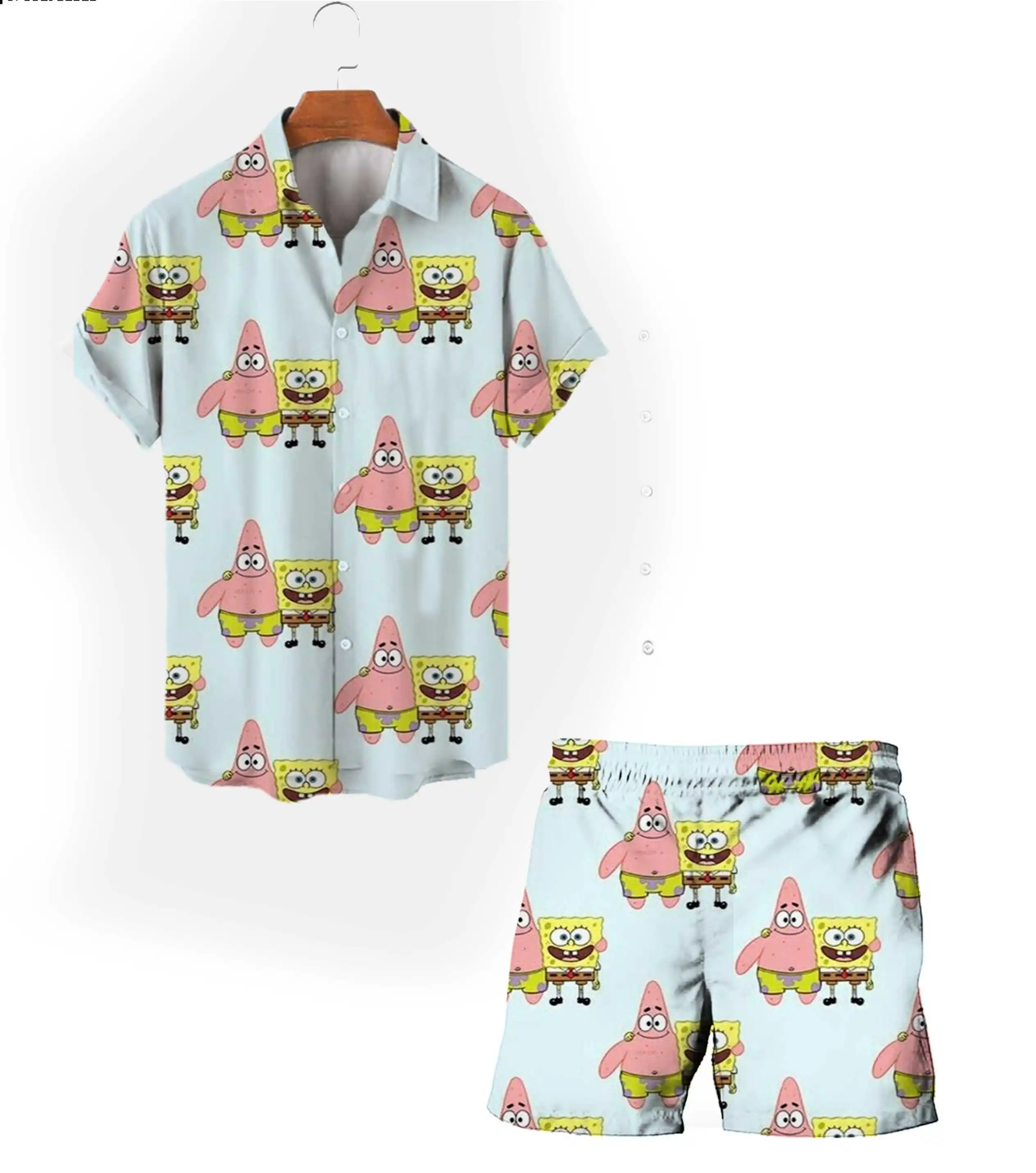 Street Harajuku style 2024 new summer Spongebob cartoon men's lapel short-sleeved tops beach shorts fashion casual suit y2k