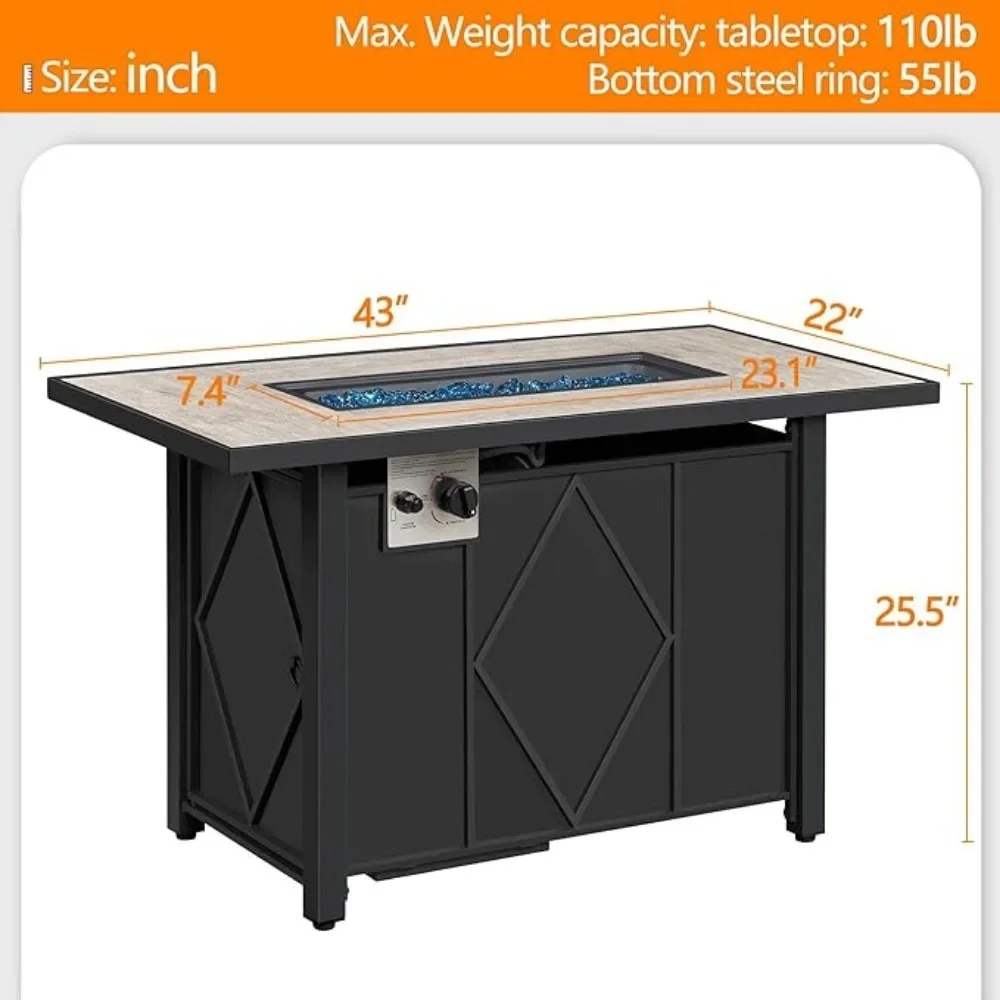 43 Inch Gas Fire Pit Table 50,000 BTU Auto-Ignition 2 in 1 Gas Firepit Ceramic Tabletop Steel Base Pits