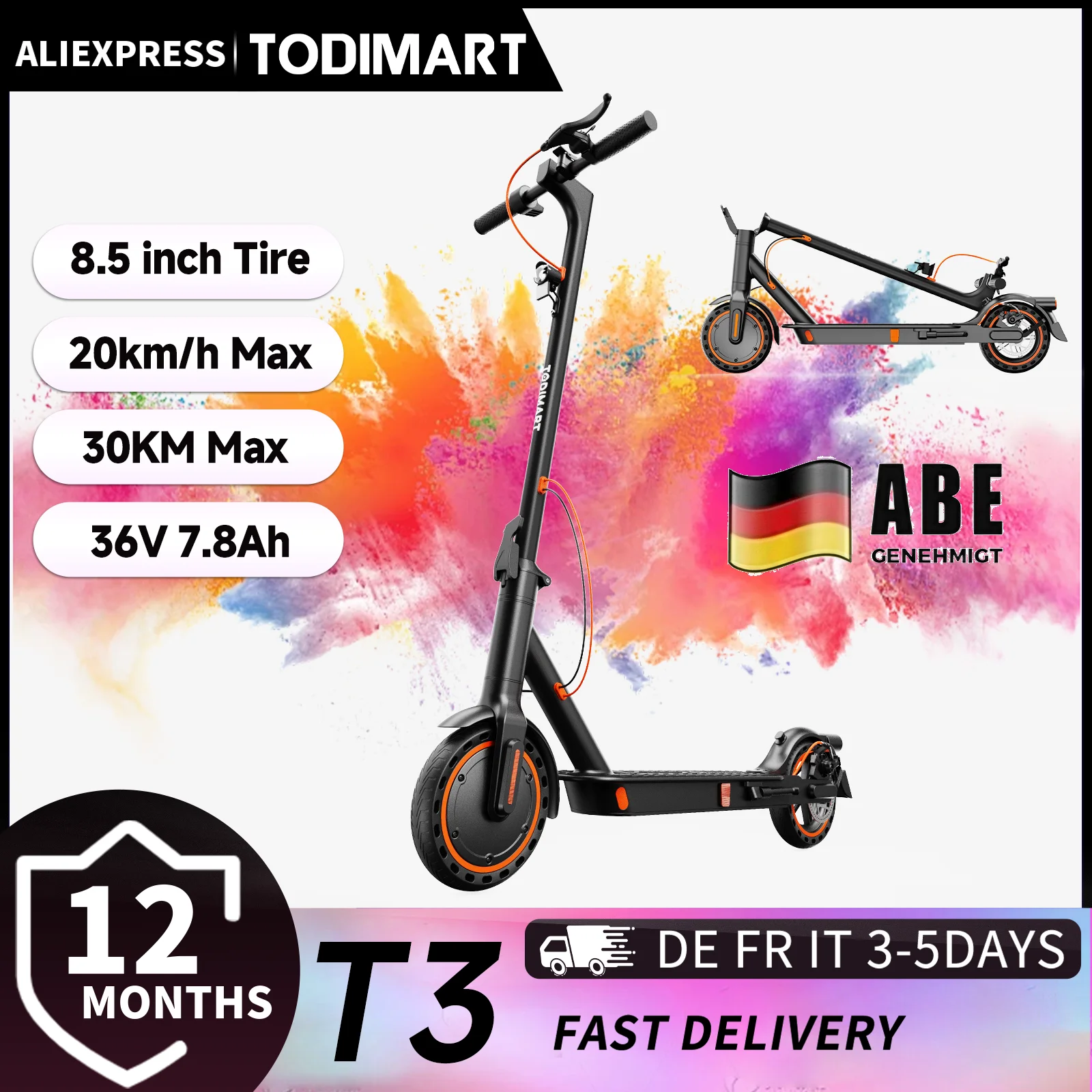 Trottinette électrique TODIMART N3B homologuée ABE | batterie 36 V 7,8 Ah, pneus tubeless 8,5 pouces, pliable, jusqu'à 20 km d'autonomie pour les trajets urbains, trottinette électrique pour adultes 1